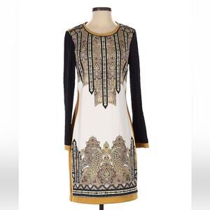 Bocetto long sleeved wiggle sheath dress in mustard, white and black, small